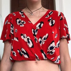 Red floral wrap crop top